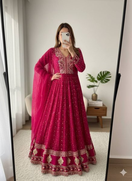 Pink Georgette Anarkali Gown Set with 3mm Sequin Embroidery for Wholesale and Resale Ready To Wear Collection