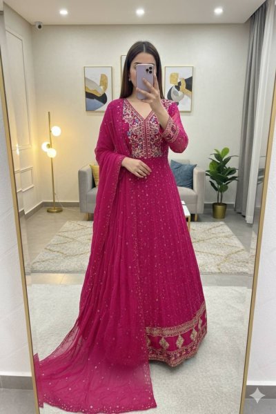 Pink Georgette Anarkali Gown Set with 3mm Sequin Embroidery for Wholesale and Resale Ready To Wear Collection