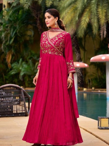 Pink Georgette Anarkali Gown with Pant and Dupatta Designer Embroidery Work for Celebrations 