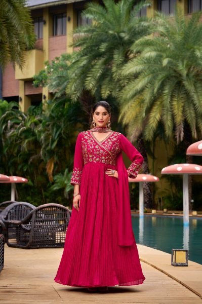 Pink Georgette Anarkali Gown with Pant and Dupatta Designer Embroidery Work for Celebrations Anarkali Kurtis 