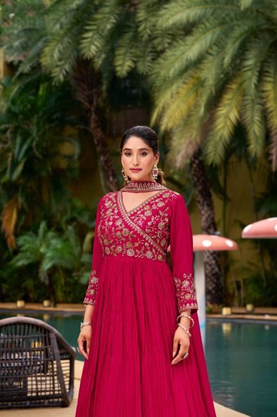 Pink Georgette Anarkali Gown with Pant and Dupatta Designer Embroidery Work for Celebrations Anarkali Kurtis 