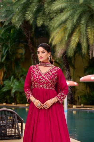 Pink Georgette Anarkali Gown with Pant and Dupatta Designer Embroidery Work for Celebrations Anarkali Kurtis 