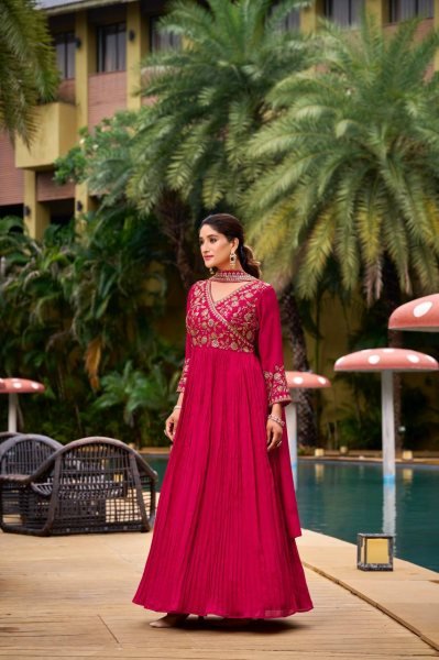 Pink Georgette Anarkali Gown with Pant and Dupatta Designer Embroidery Work for Celebrations Anarkali Kurtis 