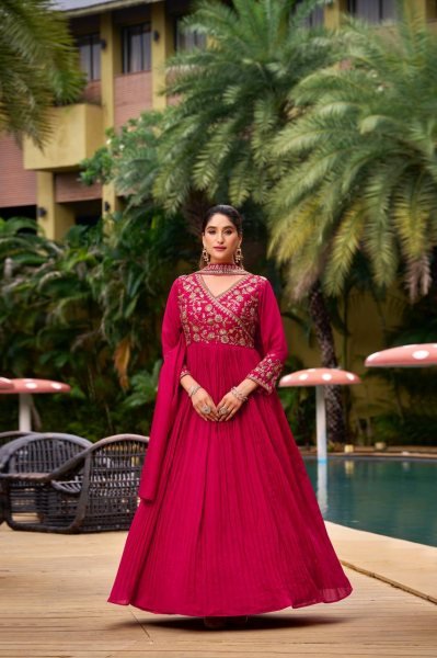 Pink Georgette Anarkali Gown with Pant and Dupatta Designer Embroidery Work for Celebrations Anarkali Kurtis 