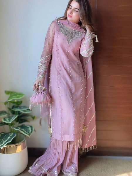 Pink Georgette Palazzo Set with Sequin & Rivet Embroidery Elegant Partywear for Women Ready To Wear Suit