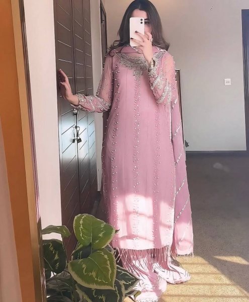 Pink Georgette Palazzo Set with Sequin & Rivet Embroidery Elegant Partywear for Women Ready To Wear Collection