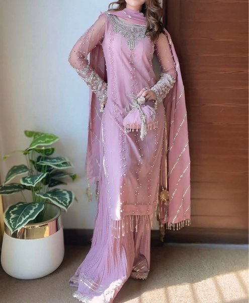 Pink Georgette Palazzo Set with Sequin & Rivet Embroidery Elegant Partywear for Women Ready To Wear Collection