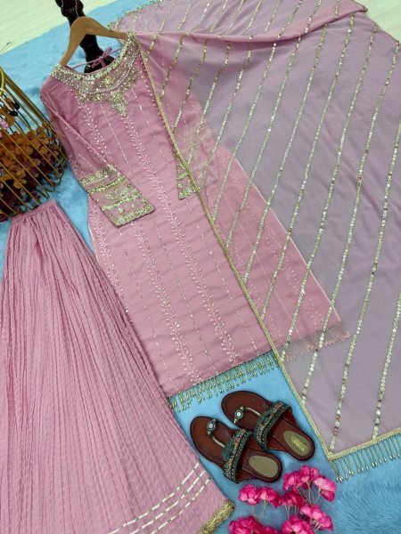 Pink Georgette Palazzo Set with Sequin & Rivet Embroidery Elegant Partywear for Women Ready To Wear Collection