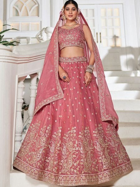 Pink Golden Tissue Bridal Lehenga with Sequin Work Wedding Wear at Manufacturer Price  Lehenga