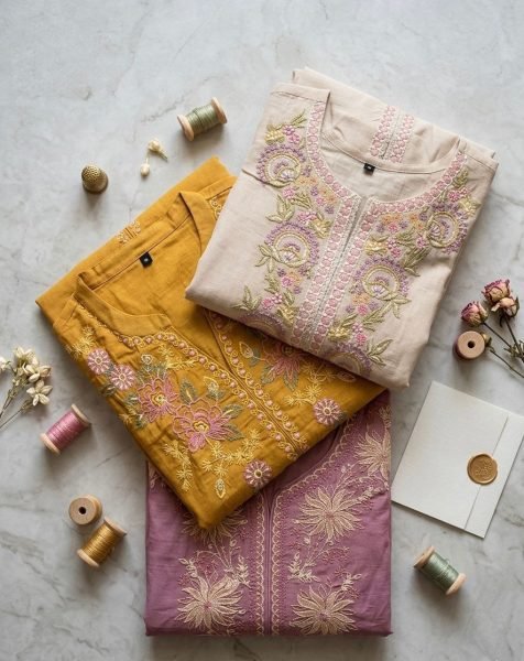 Pink inspired viral Modal Chanderi Pair For Family Gatherings Embroidery Kurtis 