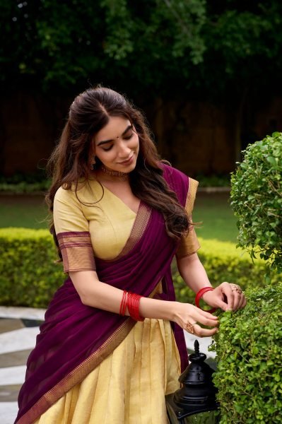 Pink Kanchipuram Zari Lace Lehenga Set with 3.8-Meter Flare for Festive Wear Half Saree Lehenga