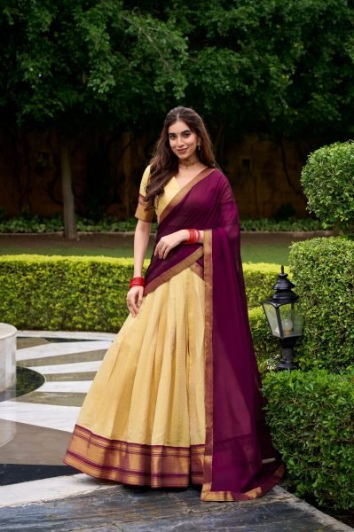 Pink Kanchipuram Zari Lace Lehenga Set with 3.8-Meter Flare for Festive Wear Half Saree Lehenga