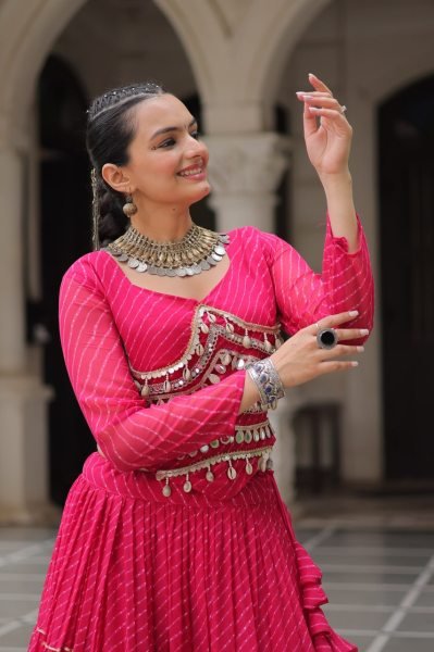 Pink Leheriya Print Lehenga with Gota Patti Work Navratri 2025 Festive Edit Navratri Lehnega Choli