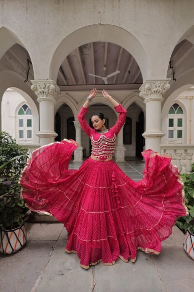 Pink Leheriya Print Lehenga with Gota Patti Work Navratri 2025 Festive Edit Navratri Lehnega Choli