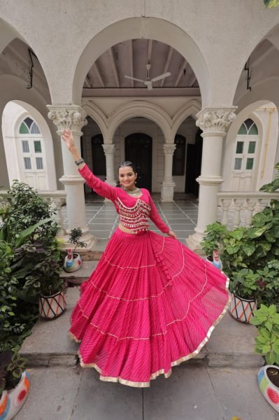 Pink Leheriya Print Lehenga with Gota Patti Work Navratri 2025 Festive Edit Navratri Lehnega Choli