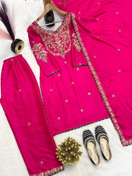 Glow in Grace Pink Malay Satin Suit with Intricate Embroidery & Festive Finish Ready To Wear Collection