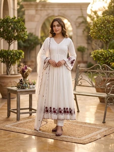 White Mul Chanderi Embroidered Gown Pant Dupatta Set for Women Ready To Wear Suit