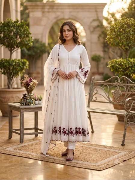 White Mul Chanderi Embroidered Gown Pant Dupatta Set for Women Ready To Wear Collection
