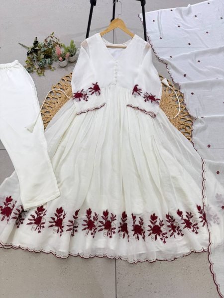 White Mul Chanderi Embroidered Gown Pant Dupatta Set for Women Ready To Wear Collection
