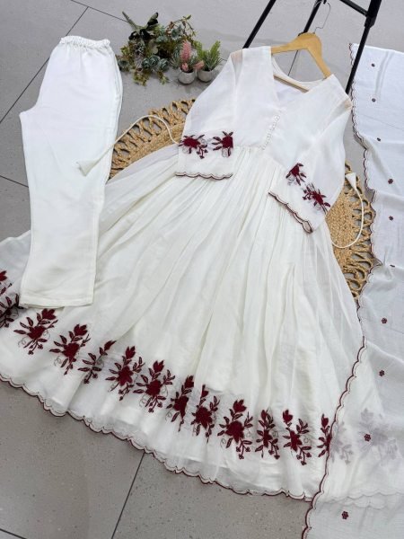 White Mul Chanderi Embroidered Gown Pant Dupatta Set for Women Ready To Wear Collection