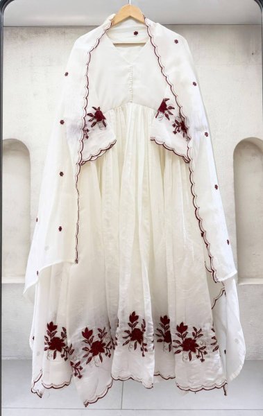 White Mul Chanderi Embroidered Gown Pant Dupatta Set for Women Ready To Wear Collection
