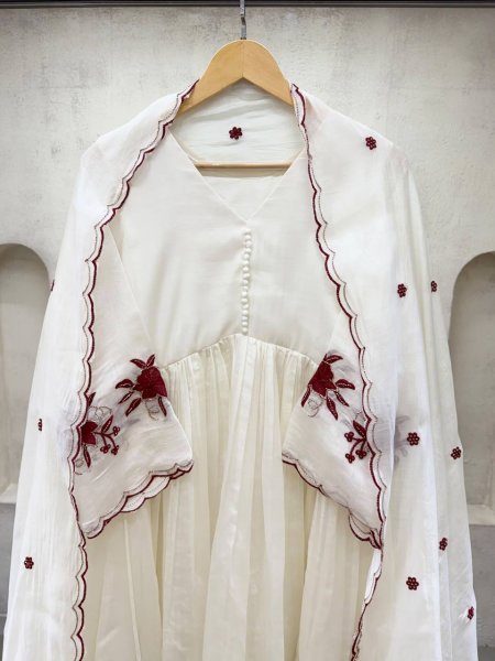 White Mul Chanderi Embroidered Gown Pant Dupatta Set for Women Ready To Wear Collection