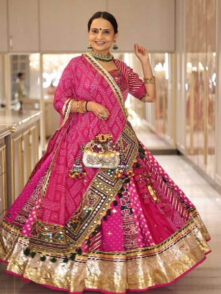 Pink Muslin Cotton Navratri Lehenga Choli with Real Mirror For Festival Garba Wear  Lehenga