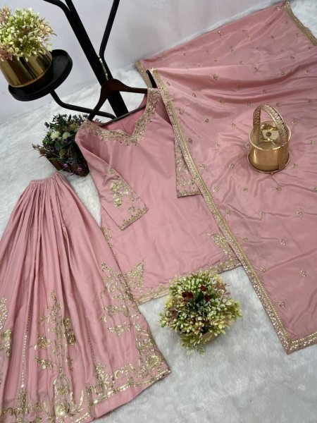 Pink Natural Crepe Embroidery Suit with Palazzo and Dupatta at Low Price 