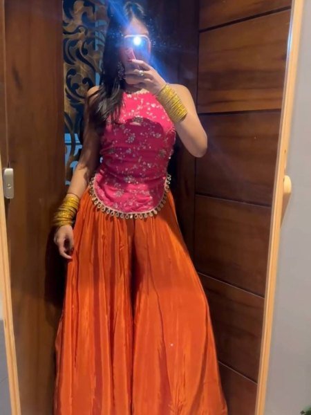 Pink Orange Chinon Silk Embroidered Sharara Suit with Zari and Sequence Work 