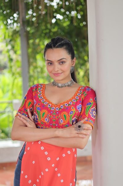 Pink Orange Rayon Gamthi Work Kurti Designer Wear For Global Buyers Navratri Collection