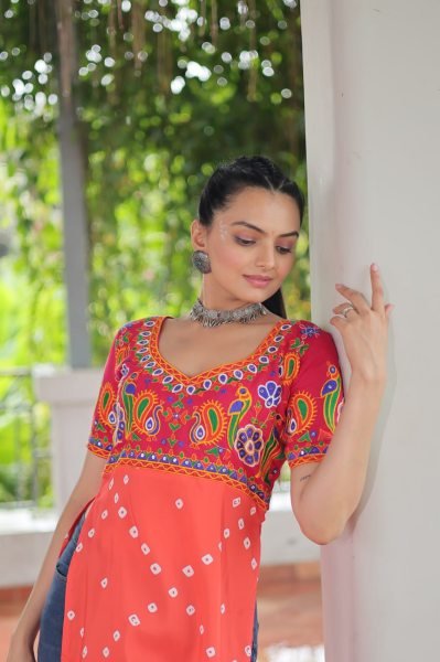 Pink Orange Rayon Gamthi Work Kurti Designer Wear For Global Buyers Navratri Collection