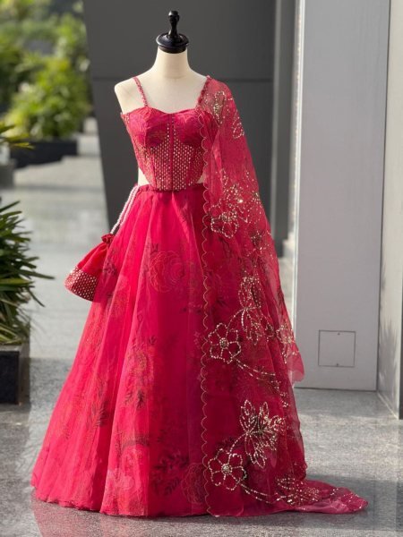 Pink Organza Lehenga Set with Designer Sequined Corset Blouse and Batwa Party Edition  Lehenga