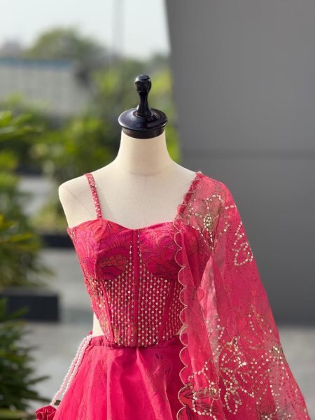 Pink Organza Lehenga Set with Designer Sequined Corset Blouse and Batwa Party Edition Designer Lehenga Choli