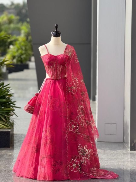 Pink Organza Lehenga Set with Designer Sequined Corset Blouse and Batwa Party Edition Designer Lehenga Choli