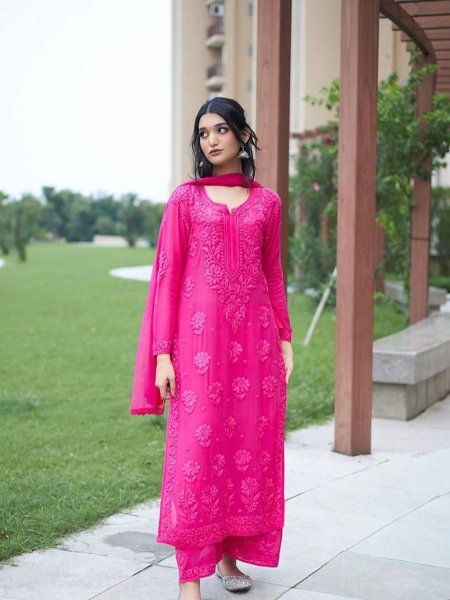 Pink Party Wear Georgette Embroidered Suit with Palazzo for Women at Wholesale Rate 