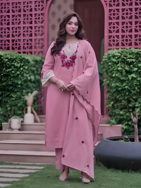 Pink Party Wear Koral Crush Silk Suit Set with Embroidered Dupatta for Bulk Order 