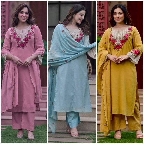 Pink Party Wear Koral Crush Silk Suit Set with Embroidered Dupatta for Bulk Order Embroidery Kurtis 