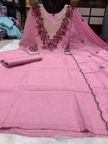 Pink Party Wear Koral Crush Silk Suit Set with Embroidered Dupatta for Bulk Order Embroidery Kurtis 