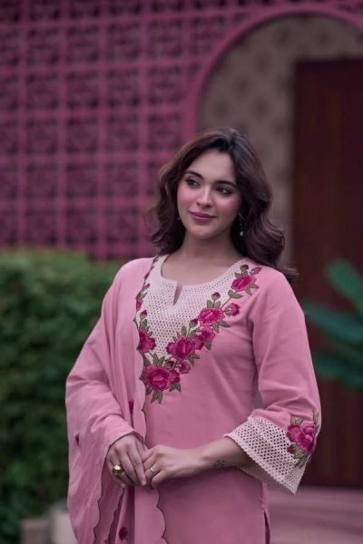 Pink Party Wear Koral Crush Silk Suit Set with Embroidered Dupatta for Bulk Order Embroidery Kurtis 