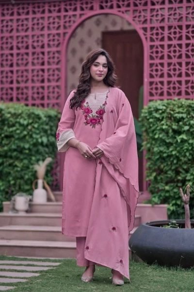 Pink Party Wear Koral Crush Silk Suit Set with Embroidered Dupatta for Bulk Order Embroidery Kurtis 
