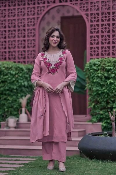 Pink Party Wear Koral Crush Silk Suit Set with Embroidered Dupatta for Bulk Order Embroidery Kurtis 