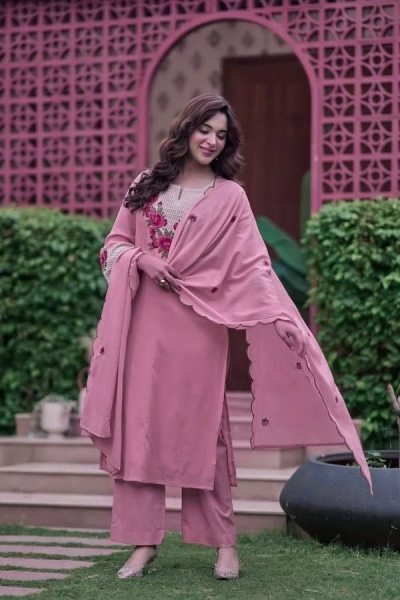 Pink Party Wear Koral Crush Silk Suit Set with Embroidered Dupatta for Bulk Order Embroidery Kurtis 