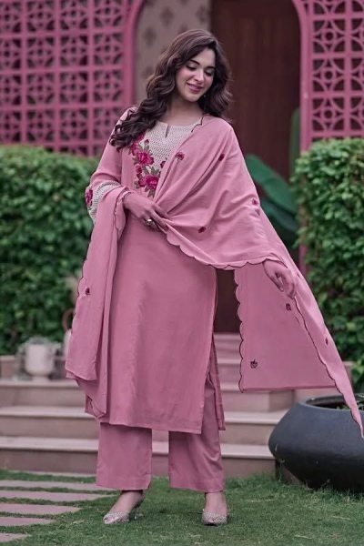 Pink Party Wear Koral Crush Silk Suit Set with Embroidered Dupatta for Bulk Order Embroidery Kurtis 