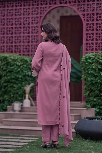 Pink Party Wear Koral Crush Silk Suit Set with Embroidered Dupatta for Bulk Order Embroidery Kurtis 