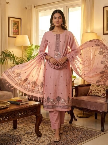 Pink Pichwai Woven Muga Cotton Suit Material with 2.3 Meter Tussel Dupatta At Wholesale Rate Dress Material 