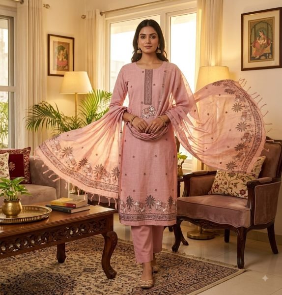 Pink Pichwai Woven Muga Cotton Suit Material with 2.3 Meter Tussel Dupatta At Wholesale Rate Color Set Matching Dress Material Wholesale