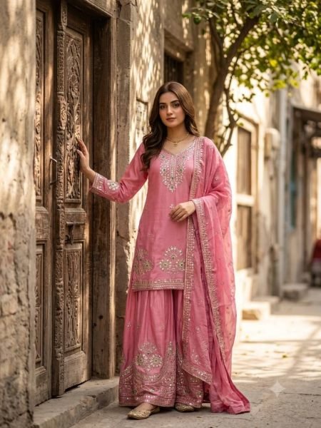 Pink Premium Satin Silk Embroidered Top Sharara Dupatta Set at Wholesale Rate 