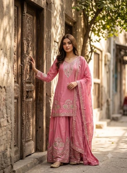 Pink Premium Satin Silk Embroidered Top Sharara Dupatta Set at Wholesale Rate Ready To Wear Collection