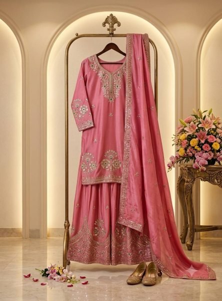 Pink Premium Satin Silk Embroidered Top Sharara Dupatta Set at Wholesale Rate Ready To Wear Collection