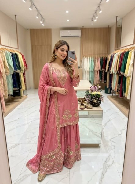 Pink Premium Satin Silk Embroidered Top Sharara Dupatta Set at Wholesale Rate Ready To Wear Collection